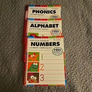 Set of 3 Wipe-Clean Workbooks with Dry Erase Marker- Phonics, Alphabet, Numbers